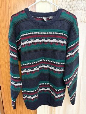 Jed North Navy Crewneck Sweater with Green, Burgundy & White Accents